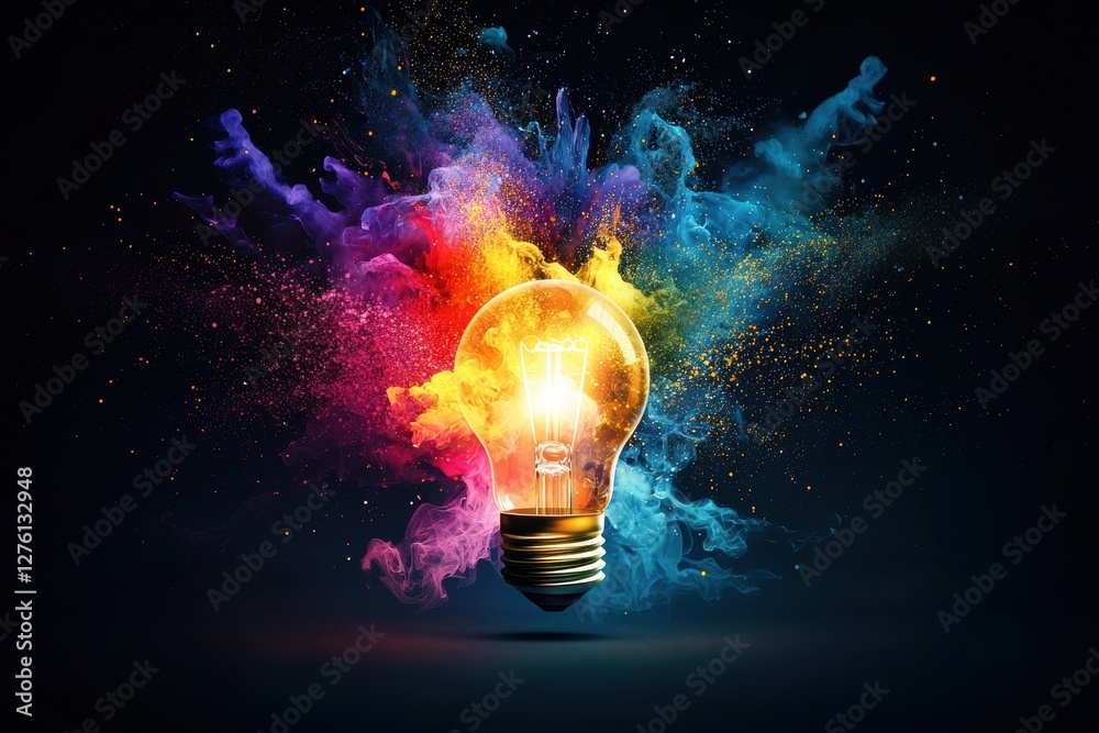 Poster bright idea exploding with colorful smoke and glitter