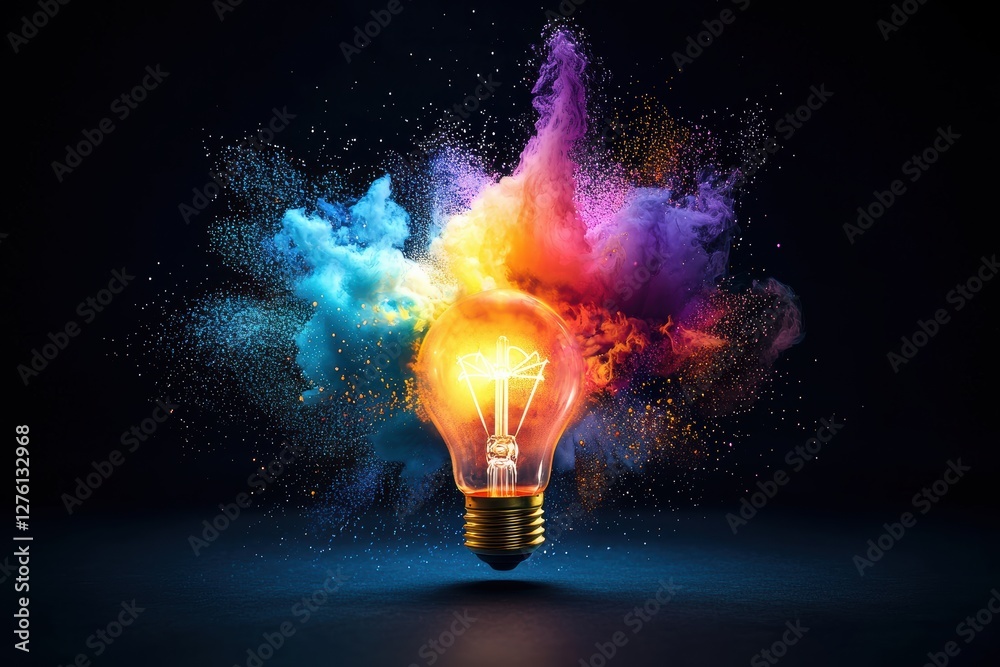 Poster bright light bulb exploding with colorful powder and smoke
