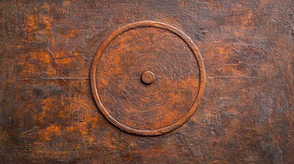 A textured, rusty metal surface featuring a prominent circular design with a central dot, evoking themes of age and industrial aesthetics.