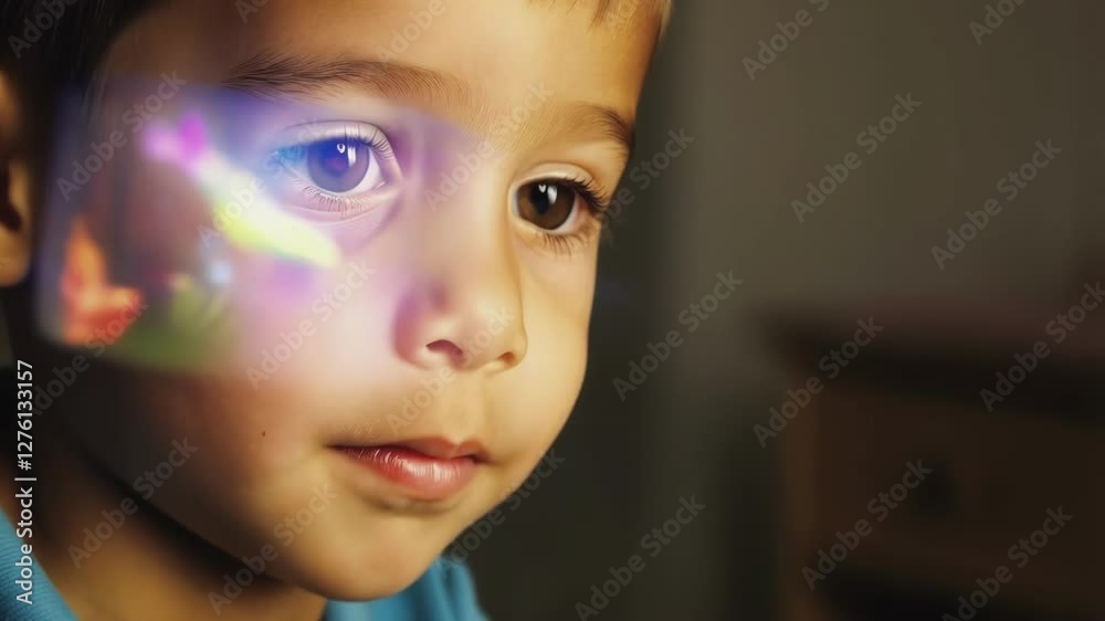 Poster Young learner examining holographic augmented reality interface, experiencing cutting edge digital interaction with wide eyed curiosity and wonder from indoor setting
