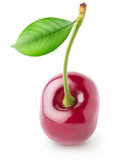 One glossy cherry fruit with leaf isolated on white background, top view