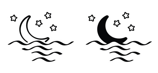 Cartoon drawing moon or moonlight and stars. Night starry sky with moon and water. Weather tools. Water, sea surface. Downwards or upwards wave logo. Crescent moon with star icon. © MarkRademaker