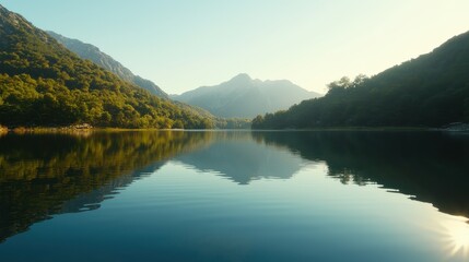 Fototapeta premium A tranquil lake reflects surrounding mountains and greenery under a clear sky, creating a serene natural landscape.