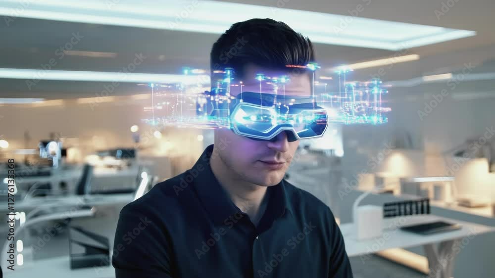 Poster businessman wearing augmented reality glasses visualizing business hologram while standing in contem