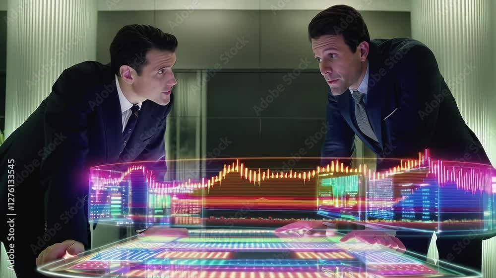 Poster corporate professionals collaborating in high tech workspace, analyzing holographic financial data v