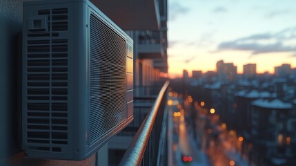 Aire acondicionado en un balcón durante una cálida tarde de verano al atardecer en la ciudad