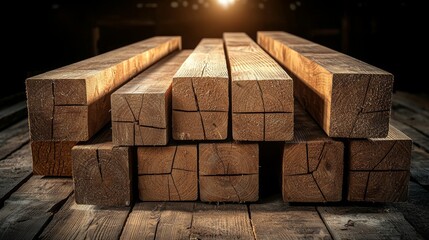 Obraz premium Stack of Rough Hewn Square Timber Workshop Woodcraft Indoor Close-up View Craftsmanship and Texture