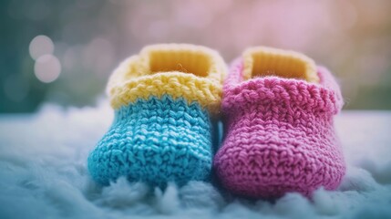 Baby booties, gender reveal, soft, delicate, on a fluffy surface, photo, use for announcements, or general baby items