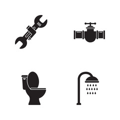 plumbing icon set vector silhouettes of tools pipes toilet and shower design illustrations