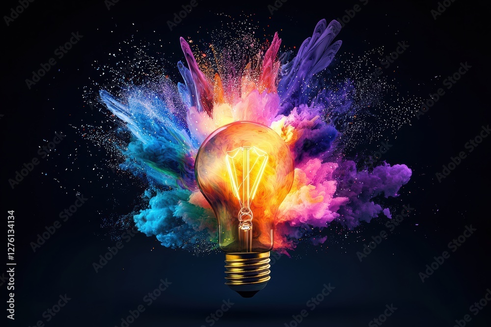 Poster bright light bulb exploding with colorful powder paint on black background