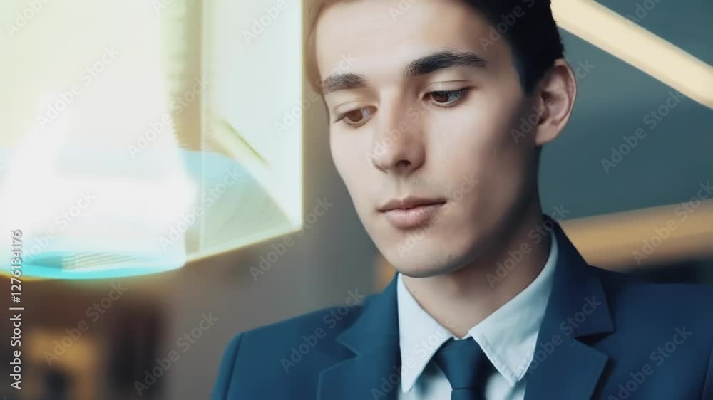 Aufkleber Young businessman in suit is working on tablet with futuristic hologram interface, analyzing data and developing innovative business solutions in modern office environment