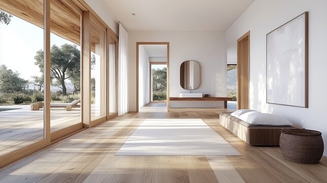Espacio interior moderno y luminoso con vistas al exterior en un d&iacute;a de verano caluroso