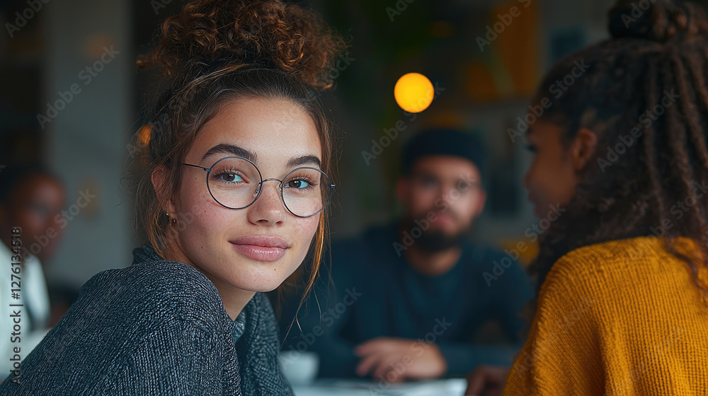 Leinwandbilder in office environment with diverse but mostly employees engaging in meaningful conversations. some a