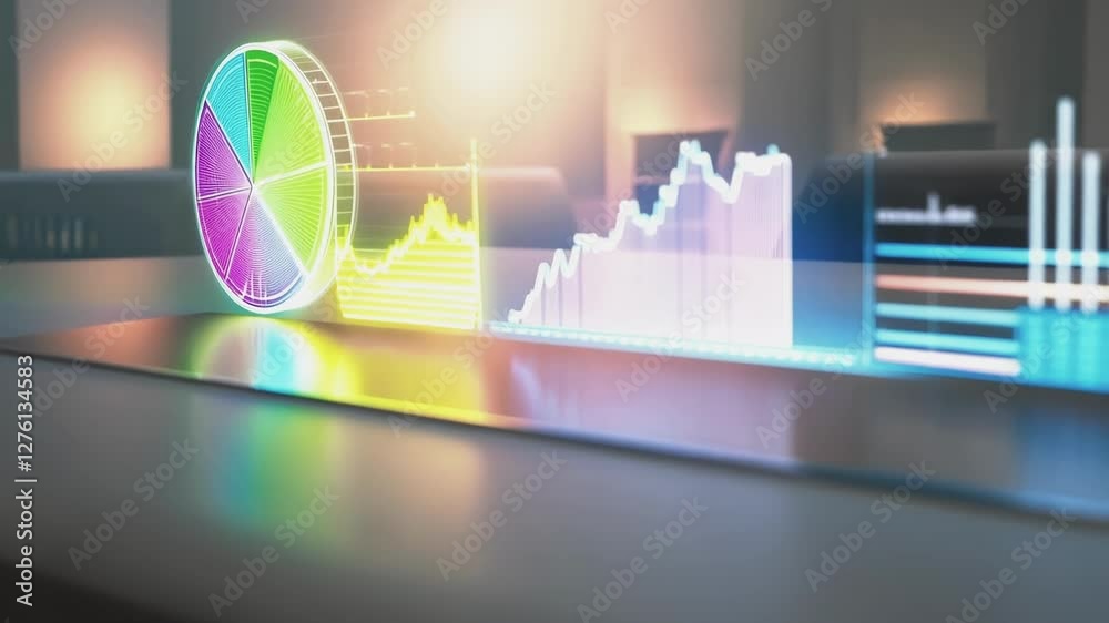 Aufkleber Holographic projections showcase vibrant business data and analytics with pie charts, bar graphs, and line graphs in an advanced digital setting