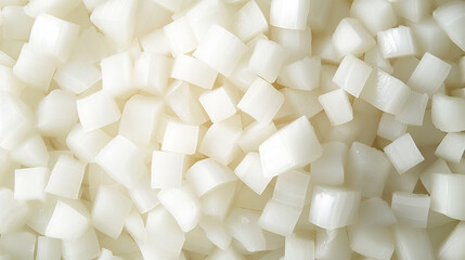 A pile of freshly chopped onions evenly diced and glazed