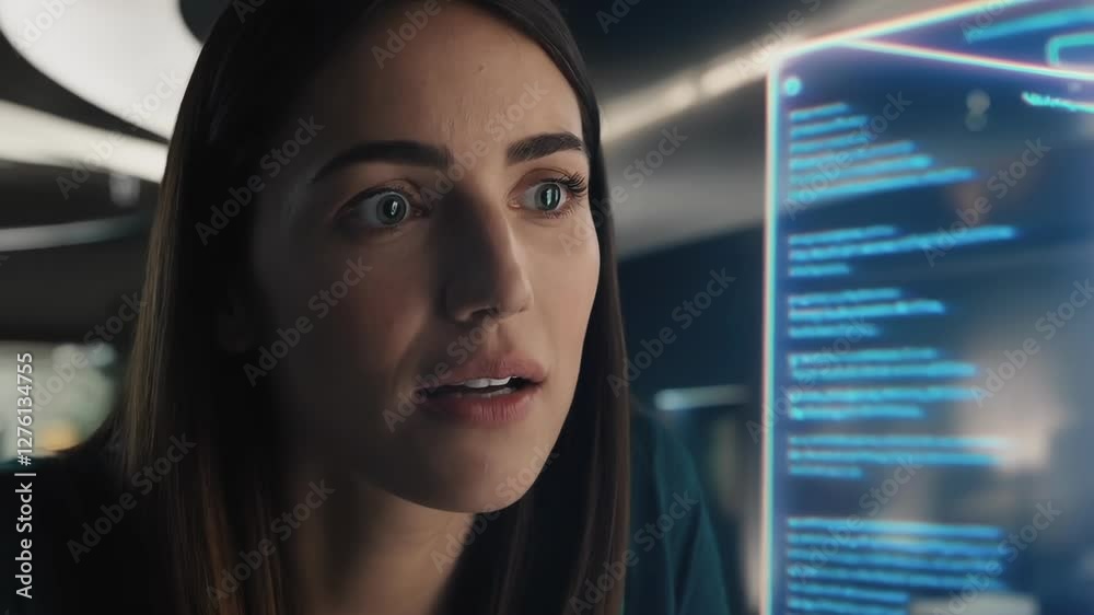 Poster business professional engaging with a futuristic holographic interface, showcasing advanced technolo