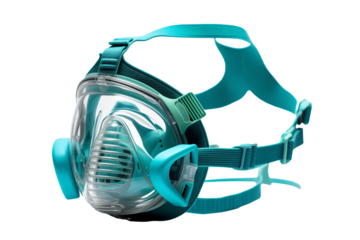 Elegant turquoise medical oxygen mask for use in the hospital isolated on a transparent background