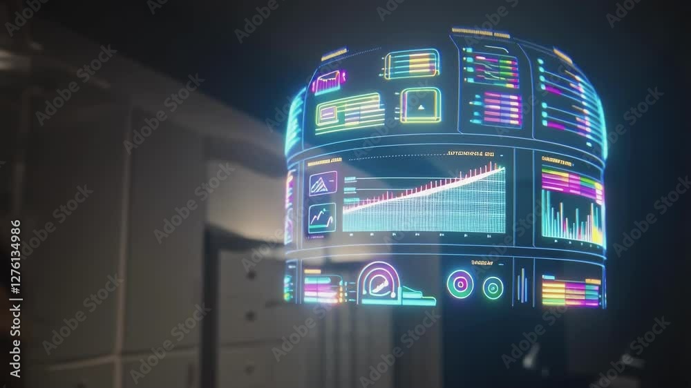 Poster Businessman interacts with futuristic holographic interface displaying financial charts and data, navigating complex information with hand gestures in a technological office environment
