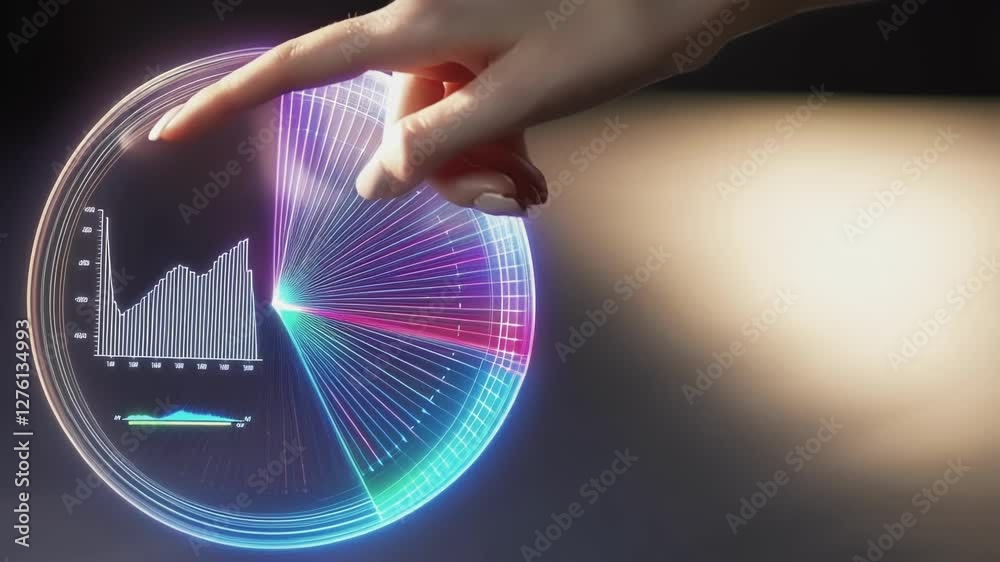 Poster Professional businesswoman navigating holographic financial chart, manually interacting with futuristic digital interface displaying data visualization and market analytics