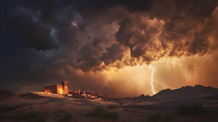 Fototapeta premium Dramatic lightning storm illuminating an ancient fortress against a dark, stormy sky at dusk
