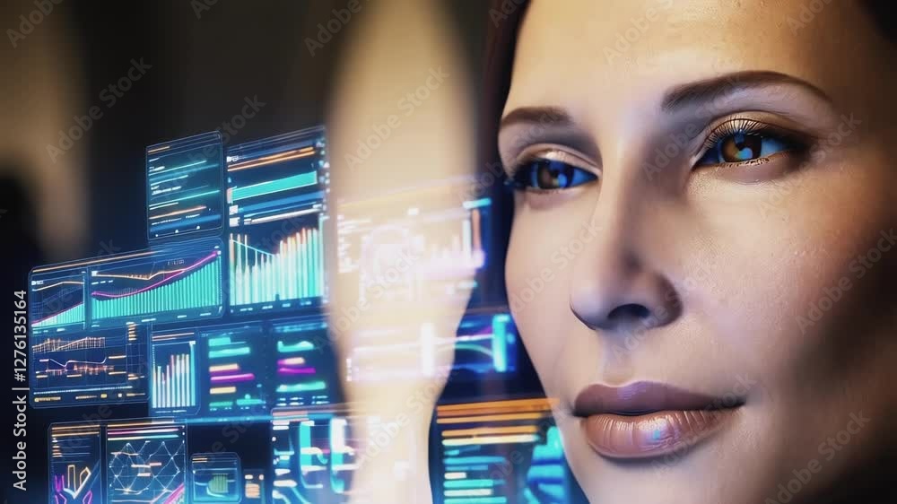 Aufkleber professional businesswoman analyzing advanced holographic financial charts, representing innovative 