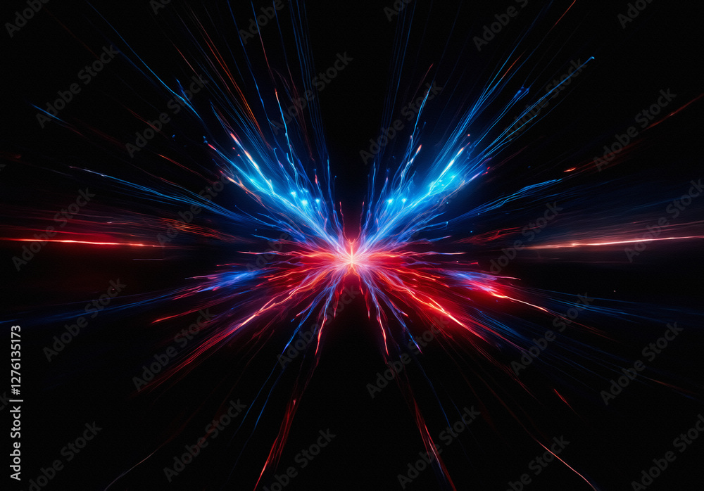 Aufkleber Abstract bursts of red and blue light emanate from a central point against a dark backdrop, creating a dynamic and energetic visual effect.