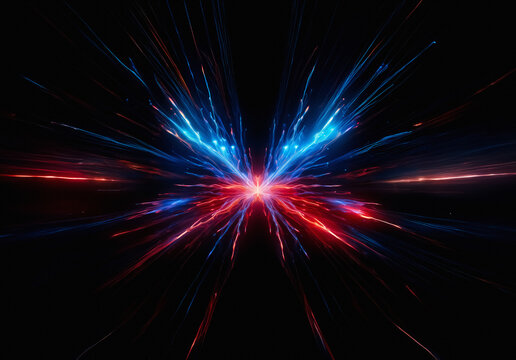 Abstract bursts of red and blue light emanate from a central point against a dark backdrop, creating a dynamic and energetic visual effect.