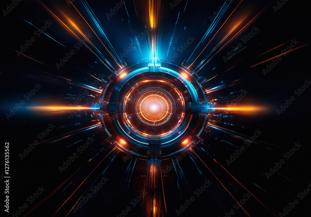 Poster futuristic circular design with glowing blue and orange lights. rays radiate outwards from the lumin