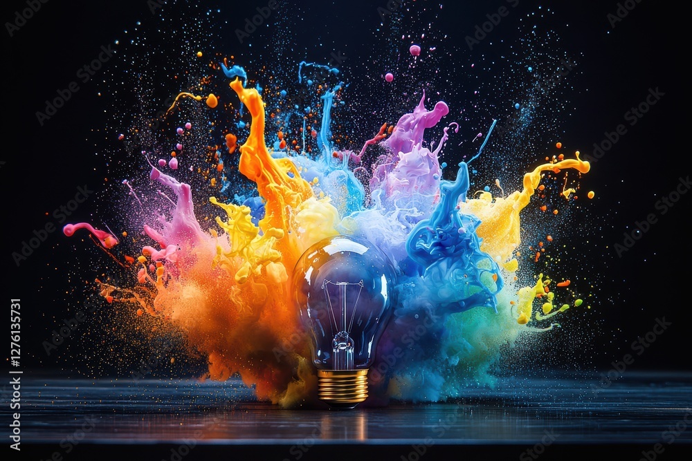 Aufkleber Light bulb exploding with colorful paint splash on black background