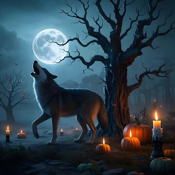 serigala melolong di bawah rembulan di samping pohon besar