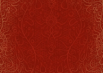Hand-drawn unique abstract ornament. Light red on a bright red background, with vignette of same pattern and splatters in golden glitter. Paper texture. Digital artwork, A4. (pattern: p13-2a)