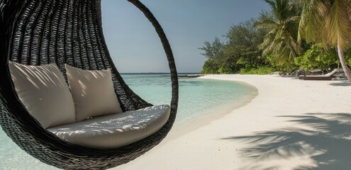 The perfect beach scene for a summer holiday, complete with a tropical beach panorama, a beach swing or hammock, white sand, and a calm sea, all set to boost the color process for a vibrant beach