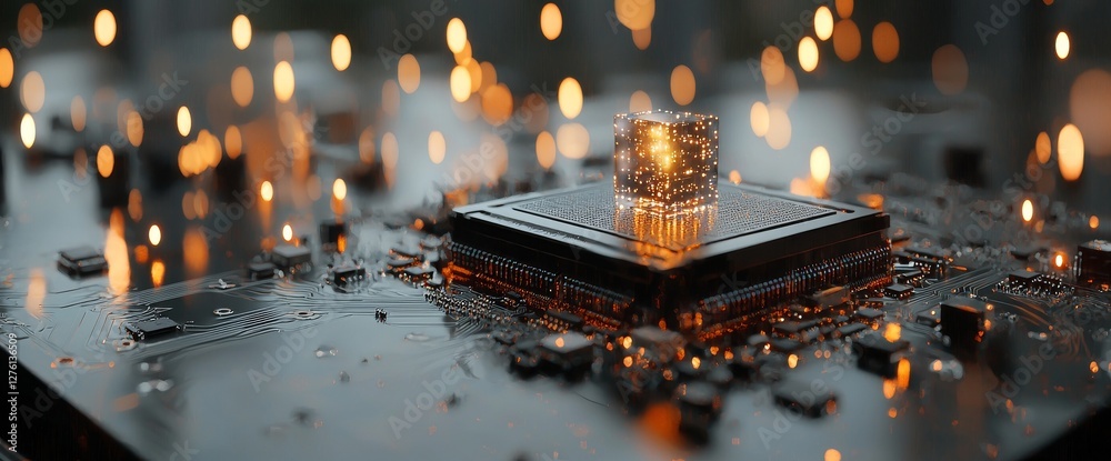 Poster a futuristic server depicted as a printed circuit board processes code, set against an orange, green