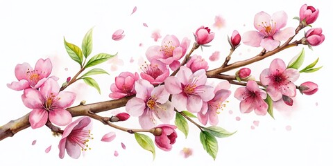 Fototapeta premium Delicate Pink Cherry Blossom Branch Watercolor Painting, Isolated on White Background - Spring Floral Art