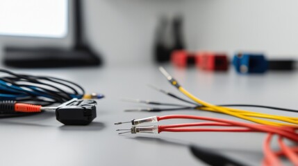 Damaged cables being restored by a technician in a modern workspace. Featuring detailed repair work and technical proficiency