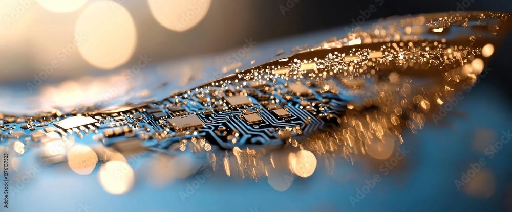Poster a futuristic server depicted as a printed circuit board processes code, set against a vibrant orange