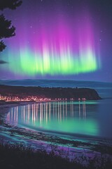 Mesmerizing aurora borealis illuminates the night sky over a coastal town reflecting on calm waters