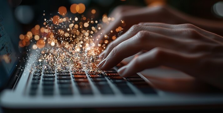 A programmer is engaged in coding on a laptop, symbolizing the concept of digital technology and software development, with a circuit board and javascript visible on a virtual screen