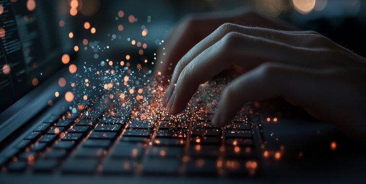 The concept of digital technology and software development is represented by a coder working on a laptop with a circuit board and javascript displayed on a virtual screen