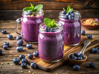 Delicious Blueberry Oatmeal Smoothie Jars: Rustic Wooden Table Photography