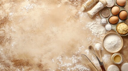 Baking ingredients on a beige surface, ready for use, for a recipe blog