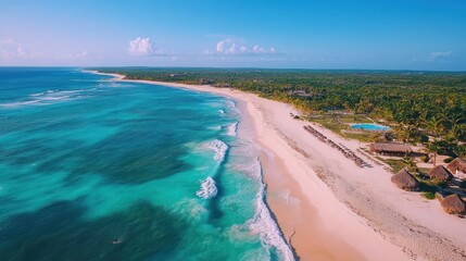 Aerial view Turquoise ocean waves crash on pristine beach, palm trees and resort in background