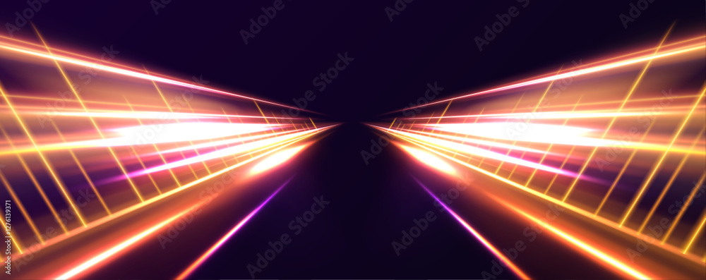 Poster image of speed motion on the road with abstract blue and purple neon glow colors. a futuristic high-