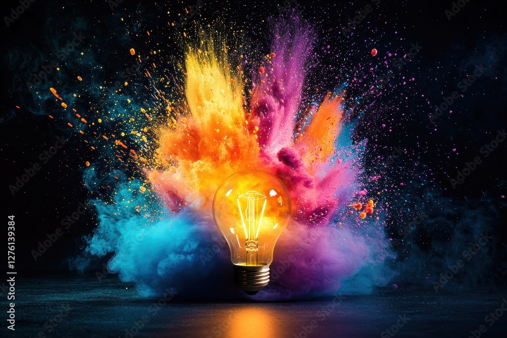 Poster bright idea exploding with colorful powder and smoke