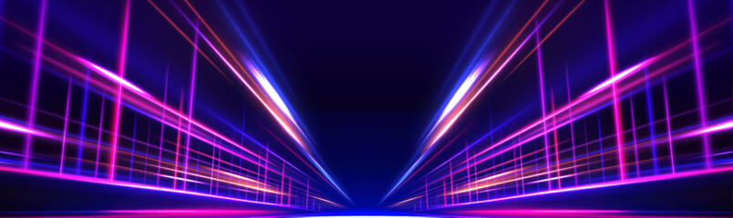Image of speed motion on the road with blue and purple neon glow colors. Abstract background showcasing high-speed light in a futuristic technology concept. Perfect for panoramic light backgrounds.