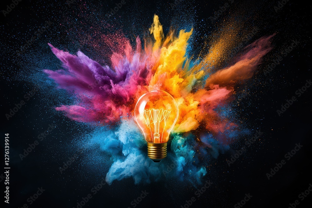 Aufkleber Light bulb exploding with colorful powder on black background