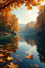 Obraz premium Golden leaves drift on calm, glassy lake surface reflecting vibrant trees , serene, red