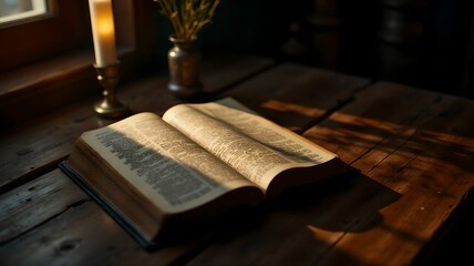 Soft candlelight illuminates an open book