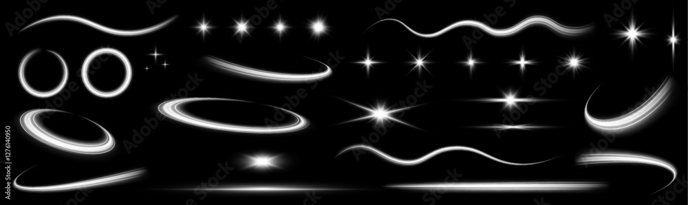 Aufkleber collection of highlights, stars and rays of light with luminous swirling and spiraling particles on 