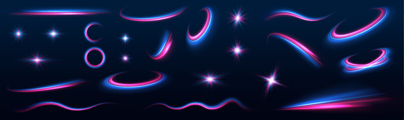 Set of bright yellow light effects: stars, sun, flash, scroll lines for Christmas holidays. Lines in the shape of a comet against a dark background. Abstract vector fire circles, sparkling swirls. © ikril